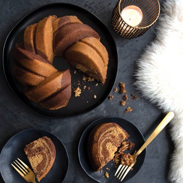 Nordic Ware 75th Anniversary Braided Bundt pan with marbled cake showing intricate braided rope design
