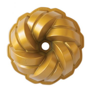Nordic Ware aluminum braided bundt pan, circular with intricate rope-like pattern, natural silver finish