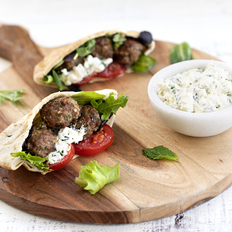 Visit Greek Meatball Pita Pockets with Herb Feta Spread Recipe