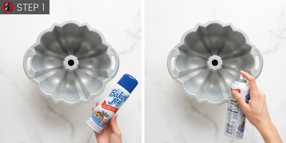 Two images, Step 1 spray pan with baking spray