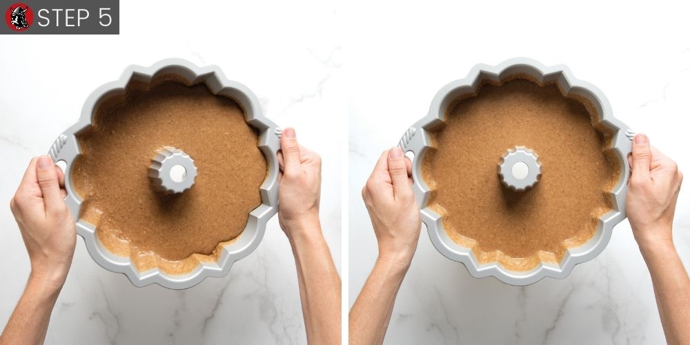 Step 5 hands tilting pan with batter