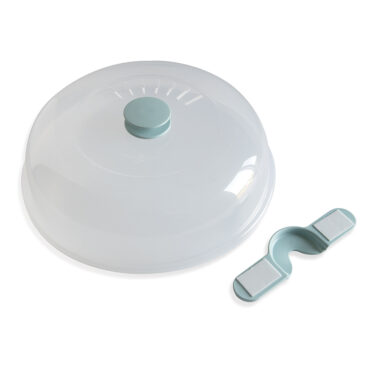 White storage bracket with adhesive tape backing for mounting Nordic Ware Up & Away spatter cover