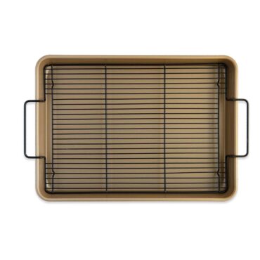 Nordic Ware nonstick rectangular baking tray with high raised sides, light colored interior finish