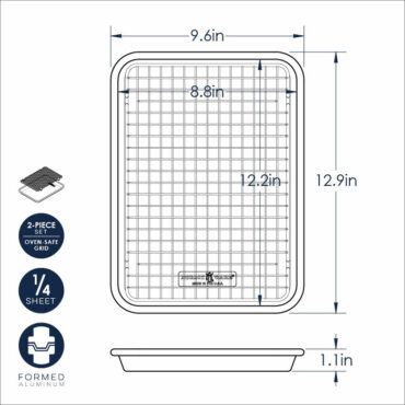 Nordic Ware aluminum quarter sheet pan with black nonstick cooling grid, natural silver finish