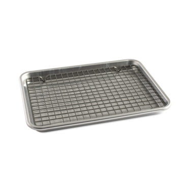Nordic Ware aluminum quarter sheet pan with nonstick cooling rack, natural silver finish on white background