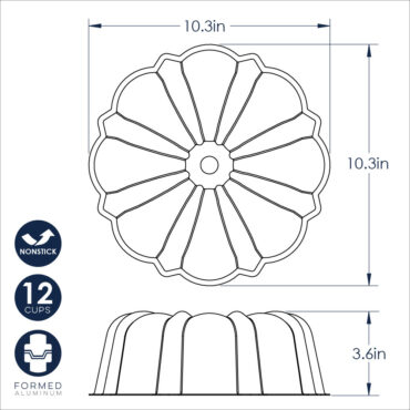 Nordic Ware Treat 12-cup bundt pan, cast aluminum with detailed fluted design, natural silver finish