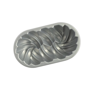 Nordic Ware aluminum braided loaf pan with decorative woven pattern design and silver nonstick interior