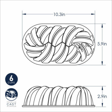 Nordic Ware aluminum braided loaf pan with decorative rope-like ridged pattern, natural silver finish