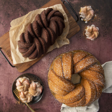 Golden braided loaf cake baked in Nordic Ware aluminum braided loaf pan, showing detailed woven texture pattern