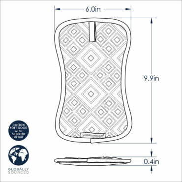 Technical drawing showing dimensions and measurements for Nordic Ware silicone bundt-shaped hot pads