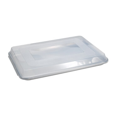 Nordic Ware aluminum half sheet baking pan with clear plastic lid, natural silver finish