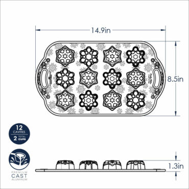 Nordic Ware Frosty Flakes Bites Pan dimensional drawing showing aluminum mold with 12 snowflake-shaped cavities