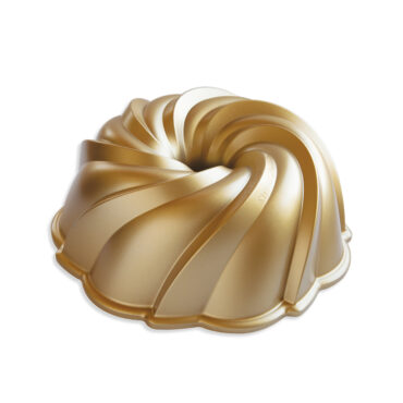 Nordic Ware aluminum Swirl Bundt pan with decorative spiral ridges, silver finish, empty baking mold