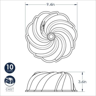Nordic Ware aluminum bundt pan with elegant swirl pattern design, silver finish, empty and ready for baking