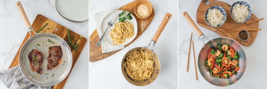 3 Pans in Naturals Cookware with food