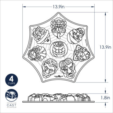 Nordic Ware Monster Mask Cakelet Pan, cast aluminum with six spooky face cavities in dark finish