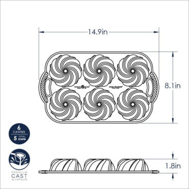 Technical dimensional drawing of Nordic Ware Swirl Bundtlette pan showing measurements and spiral fluted design