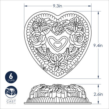 Nordic Ware cast aluminum floral heart bundt pan with detailed rose and leaf design, 6-cup capacity