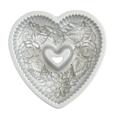 Nordic Ware aluminum Floral Heart Bundt pan interior showing detailed heart and floral pattern design