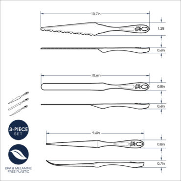 Nordic Ware Bundt Finishing Tool Kit with black handled tools and dimensional measurements diagram