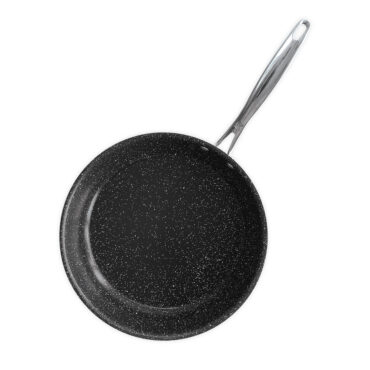 Nordic Ware Basalt 12-inch skillet with black non-stick interior and light exterior, overhead view on white background