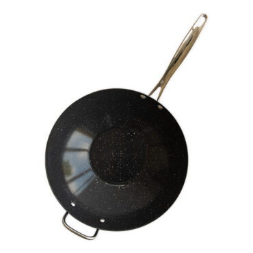 Nordic Ware 14-inch aluminum wok with dark speckled ceramic nonstick coating, deep rounded bowl shape