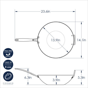 Nordic Ware Basalt 14-inch spun wok with dimensional measurements and specifications diagram