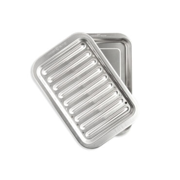 Nordic Ware aluminum broiler pan set with ribbed rack insert, natural silver finish, rectangular shape
