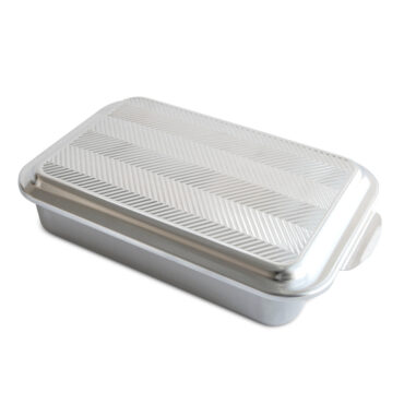 Nordic Ware rectangular 9x13 aluminum baking pan with embossed prism lid, natural silver finish