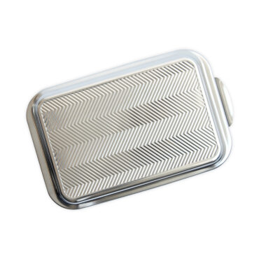 Nordic Ware 9x13 aluminum baking pan with embossed geometric prism lid, natural silver finish