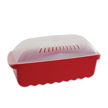 White plastic microwave pasta cooker with fitted lid and built-in colander, rectangular container design