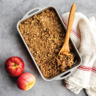 Golden apple crisp baked in Nordic Ware ProCast aluminum 7x11 baking pan with natural finish