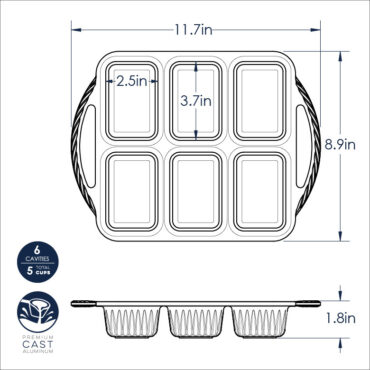 Nordic Ware ProCast aluminum mini loaf pan dimensional drawing showing measurements and specifications