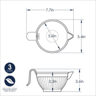 White Nordic Ware Micro Mix and Melt bowl with measurement dimensions and spout detail diagram