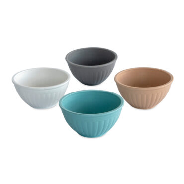 Four white ceramic mini prep bowls with measurement markings and pour spouts, arranged separately on white background