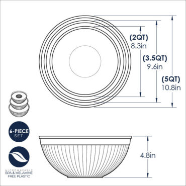 Nordic Ware 6-piece covered bowl set with dimensional measurements, showing 2, 3.5, and 5 quart aluminum bowls with lids