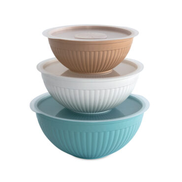 Nordic Ware white ceramic 6-piece covered bowl set stacked in graduated sizes with fitted lids