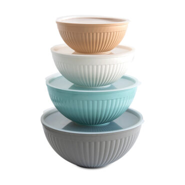Nordic Ware 8-piece white plastic mixing bowls with lids, nested and stacked by size