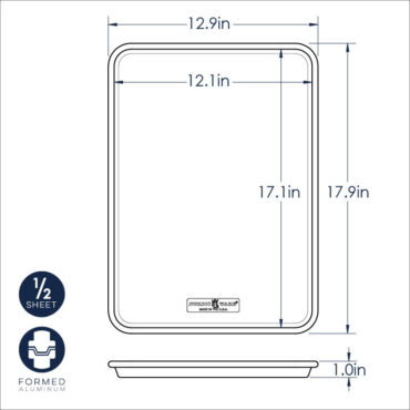 Nordic Ware Naturals aluminum half sheet pan with dimensional measurements diagram overlay