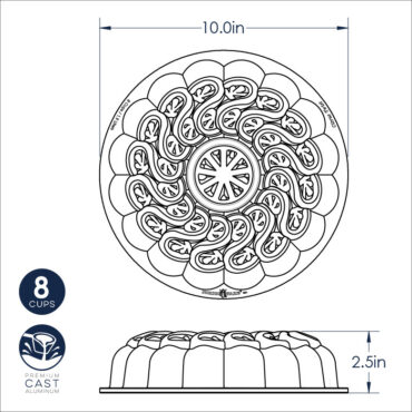 Nordic Ware Citrus Twist cake pan, aluminum bundt-style with swirled fluted design, natural silver finish