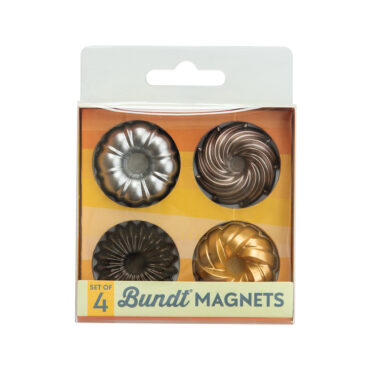 Set of four Nordic Ware bundt-shaped magnets in packaging displayed on white magnetic surface