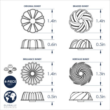 Four small decorative bundt-shaped magnets in metallic finish, miniature versions of Nordic Ware bundt pans