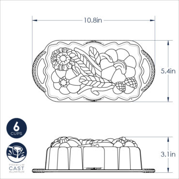 Nordic Ware aluminum sunflower and pumpkin loaf pan technical drawing showing dimensions and decorative design