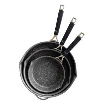 Three Nordic Ware Verde ceramic nonstick skillets in sage green, nested together showing 8-inch, 10-inch, and 12-inch sizes