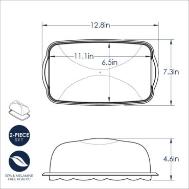 Nordic Ware clear plastic loaf cake keeper with rectangular base and domed lid, dimensional line drawing