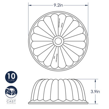 Nordic Ware Elegant Party Bundt pan with translucent golden bundt cake and yellow lemon cake mix box