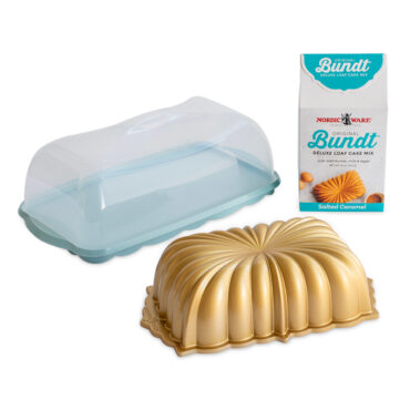 Nordic Ware aluminum fluted loaf pan with matching lid and salted caramel quick bread mix package