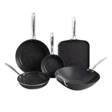 Nordic Ware Basalt 5-piece nonstick cookware set with black granite-textured finish on white background
