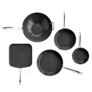 Nordic Ware Basalt 5-piece ceramic cookware set: black wok, griddle, and three skillets in 8", 10", and 12" sizes