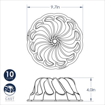 Nordic Ware Pirouette Bundt pan, cast aluminum with elegant swirled fluted design, silver finish